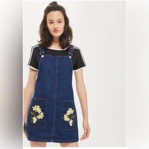 Topshop Moto Women's Denim Jeans Jumper Dress - Size 6-Yellow Floral Appliqué